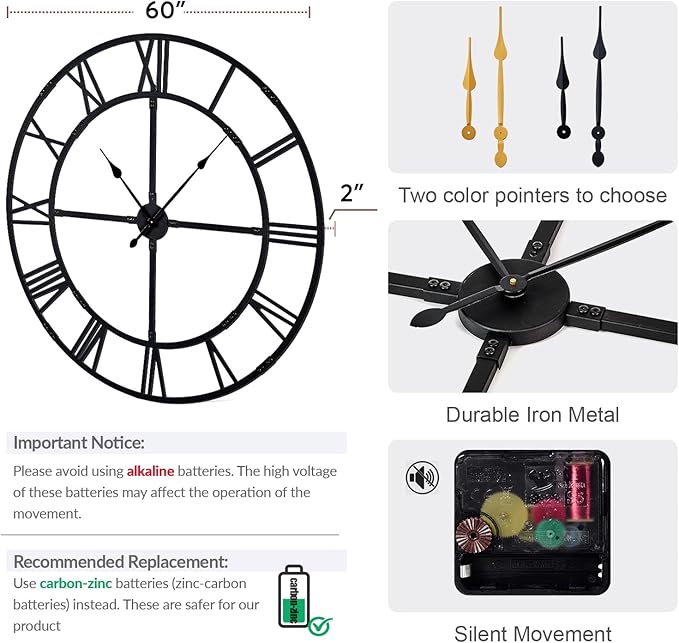 Ohweog Large Wall Clock for Living Room Decor – 60 Inch Silent Non-Ticking - Image 2