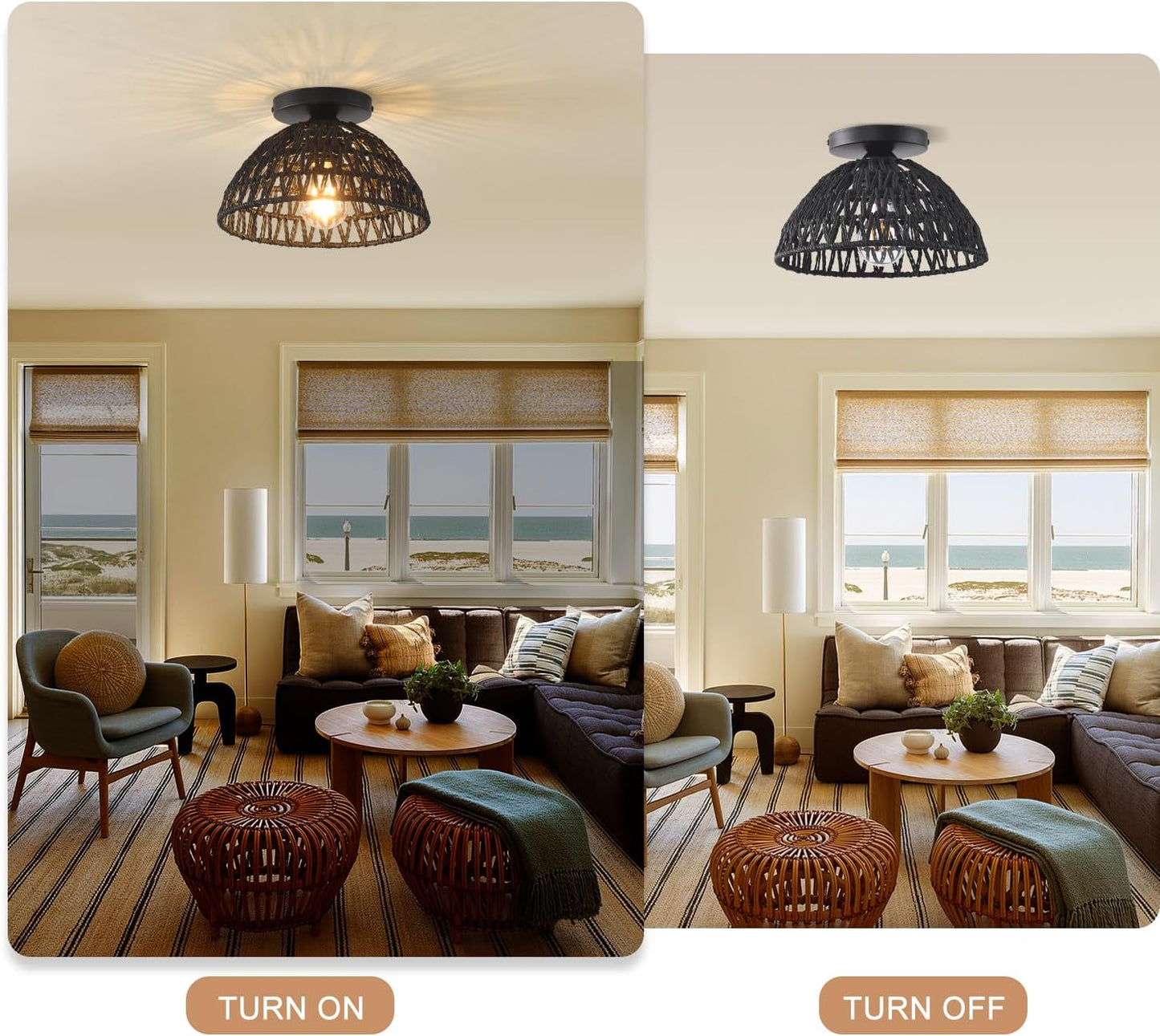 2 Pack 10.2" H Farmhouse Fixtures Ceiling Mount,Black Rattan Boho Semi Flush Mount Ceiling Light,Hand Woven Hallway Light Fixtures for Bedroom Entryway