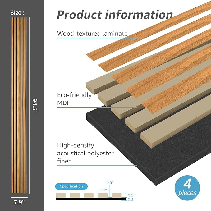 Art3d 4-Pack 94.5 x 7.9 inch Acoustic Wood Slat Wall Panels - Image 5
