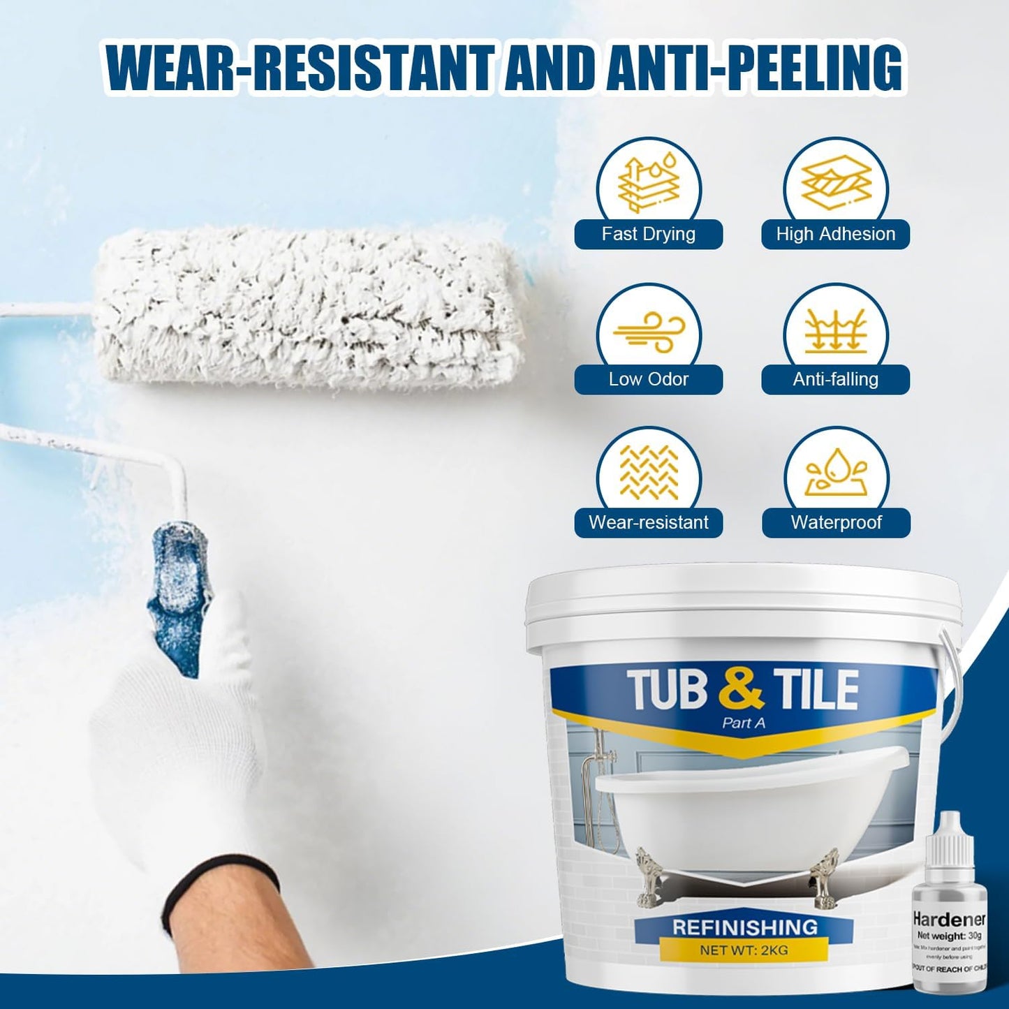 Tub and Tile Refinishing Kit, 66oz White Quick-Dry Tile Paint for Wall & Floor, Sink Bathtub and Toilets Paint for Bathroom, Kitchen, Toilets, Water Based