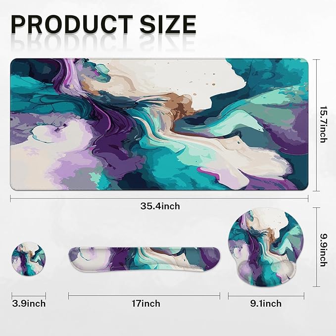 Britimes Teal and Purple Liquid Marbling Keyboard Mouse Pad Set 4in1 Large - Image 3