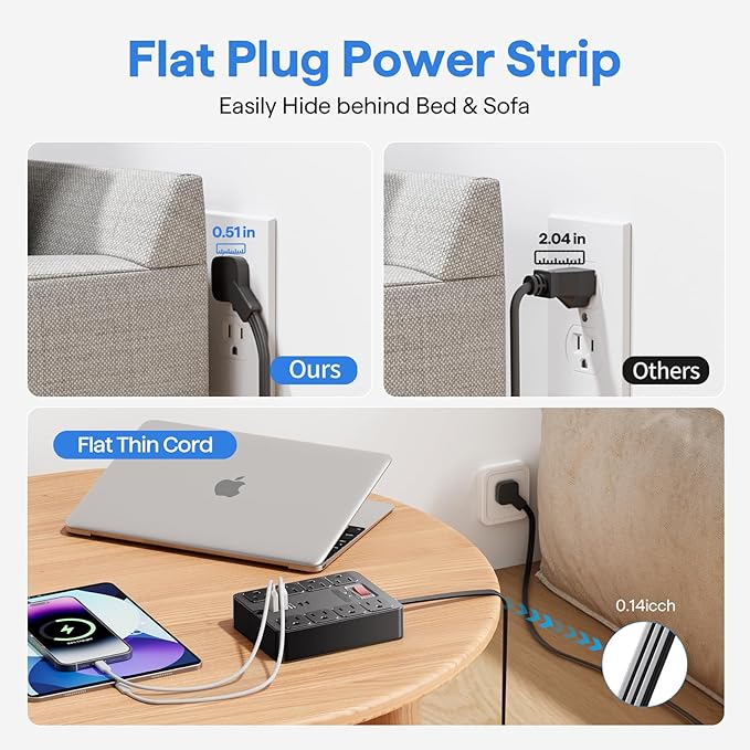 13 in 1 Surge Protector Power Strip Flat Plug 8 Widely AC Outlet 3 USB Ports - Image 3