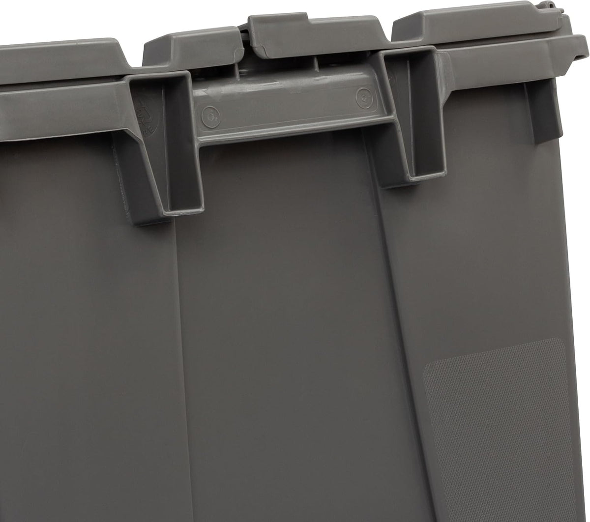 buckhorn 12g industrial plastic storage container, lid attached on a desk or shelf
