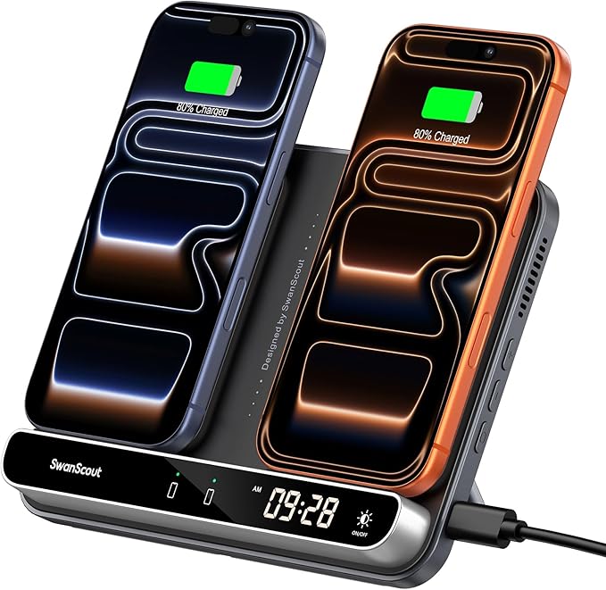 Dual Wireless Charger Stand, SwanScout 504, Foldable Wireless Charging Station by SwanScout