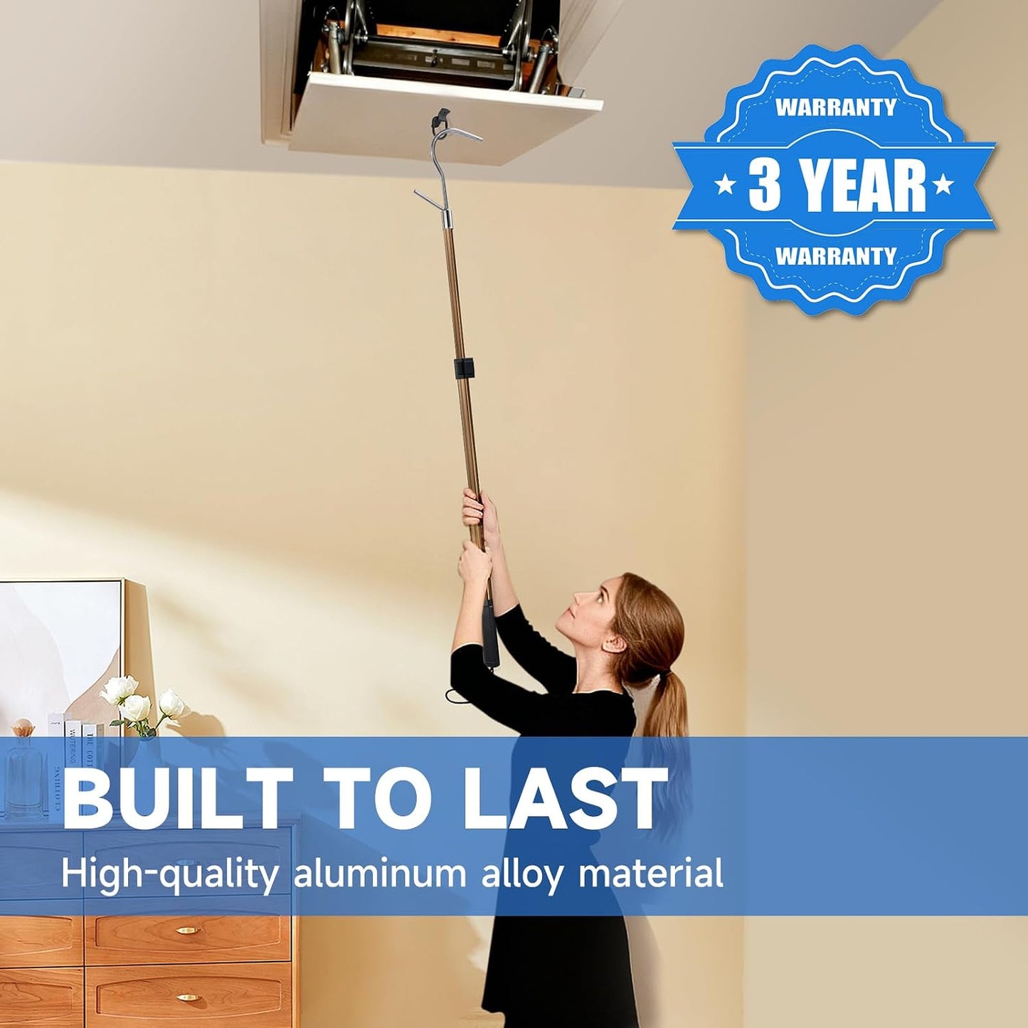 Attic Ladder Pull Down System- attic Pull Down Hook 20-40 InchesTelescoping Extension Rod with D-Ring & Mounting Screws - Replacement for Attic Pull Down Cord