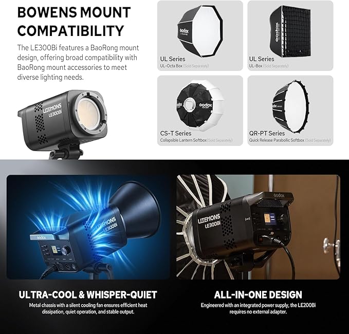 Godox Litemons LE300Bi 300W Bicolor LED Video Light, 58900Lux@1M CRI98+ Studio - Image 6