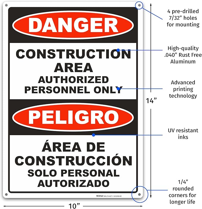 Brimar - 10" x 14" - Bilingual Danger Construction Area Authorized Only Sign - - Image 2