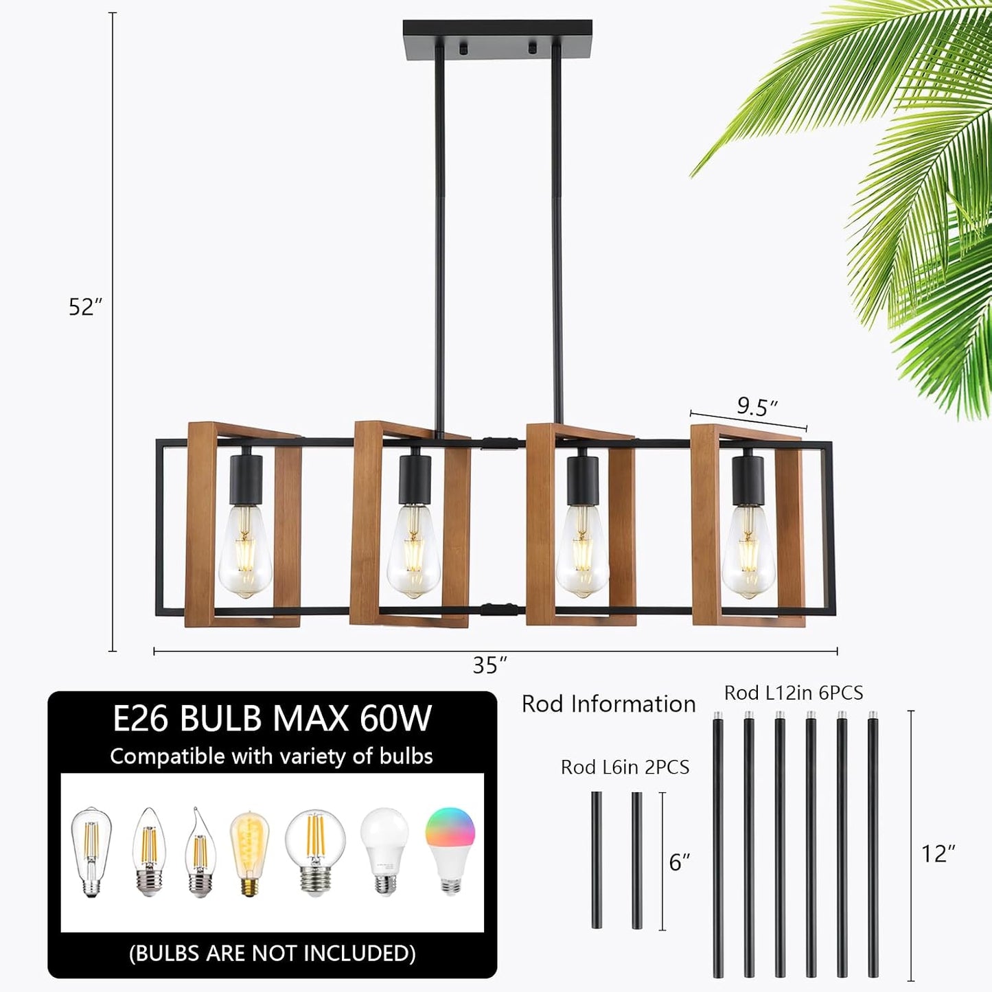 35.4" Kitchen Island Lighting,4 - Light Dining Room Farmhouse Chandelier,Black Modern Pendant Lighting,Pool Table Lights,Wood and Matte Black Metal Finish