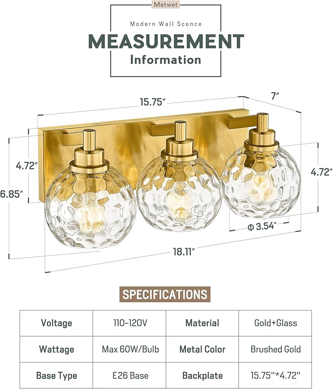 METWET Bathroom Light Fixtures Over Mirror, 3-Light Brushed Gold Vanity Light - Image 2