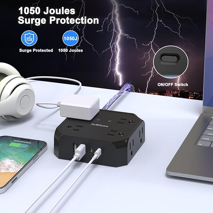 Surge Protector Power Strip-15 Ft Flat Plug Extension Cord - Image 4