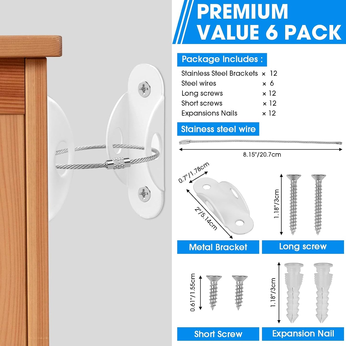 Guirnd 6 Pack Furniture Anchors, Anti Tip Furniture Anchors for Baby Proofing, Metal Earthquake Straps Furniture Straps Wall Anchor for Dresser and Bookcase (White)
