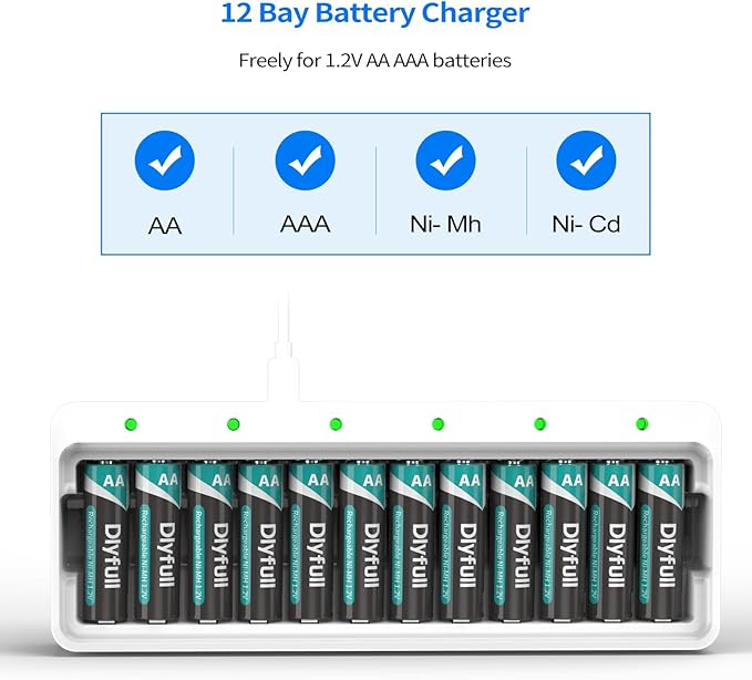 Dlyfull 12 Bay AA AAA Battery Charger, USB and Type-C Selectable High-Speeding - Image 2