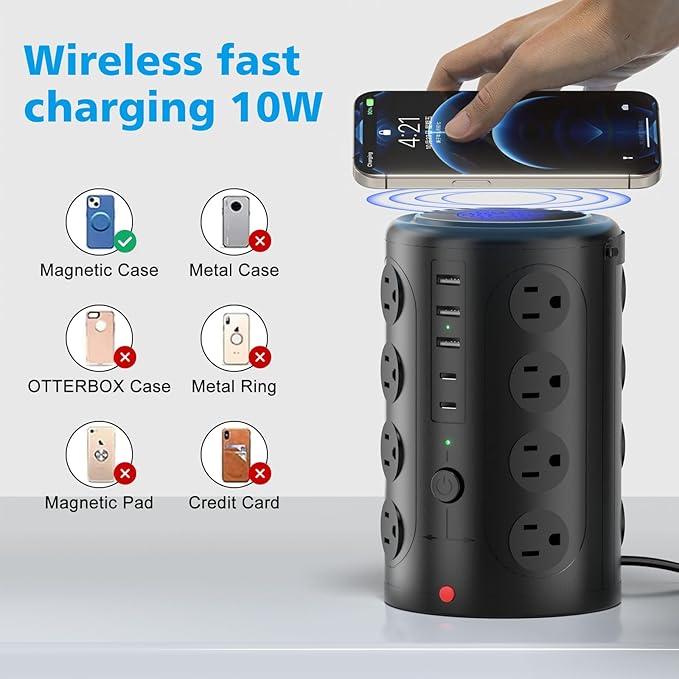 Tower Power Strip with 15W Wireless Charger, 20FT Extension Cord, 16 AC Outlets - Image 2