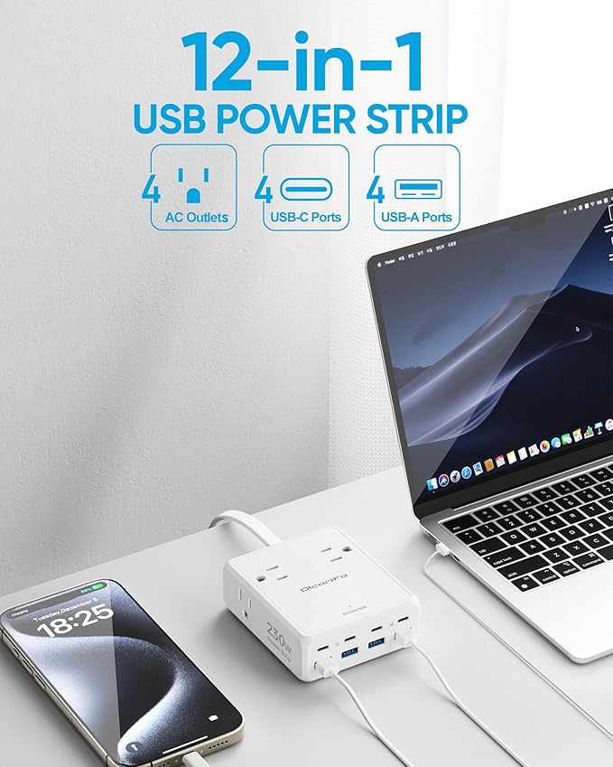 Olcorife 230W USB Power Strip, Ultra Thin Flat Plug Extension Cord 5FT - Image 3