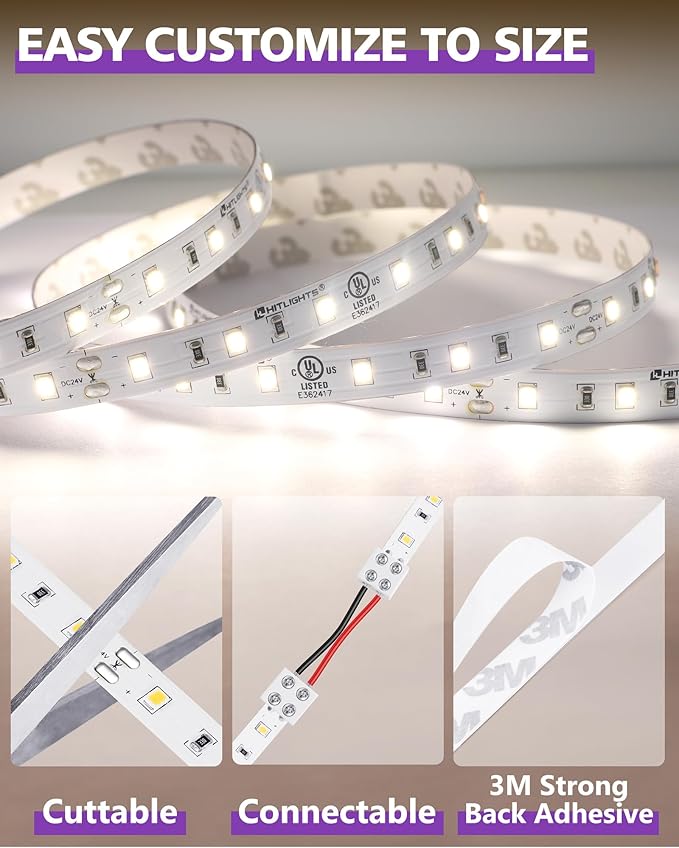 HitLights White LED Strip Lights 4000K 24V, 26.2ft Cuttable Tape Backed 3oz PCB - Image 6
