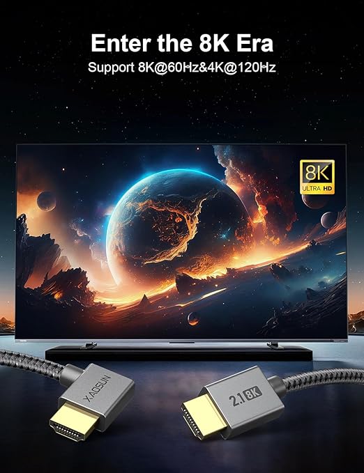 XAOSUN Right Angle HDMI 2.1 Cable 6.6FT, 48Gbps Ultra High Speed HDMI Cord - Image 2