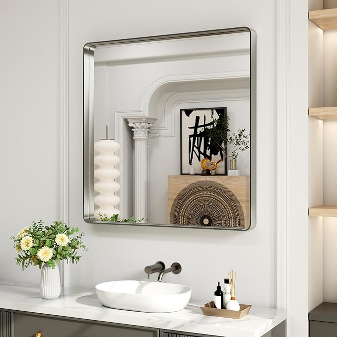 LOAAO 30X30 Inch Brushed Nickel Bathroom Mirror, Rounded Rectangle Silver Metal by LOAAO