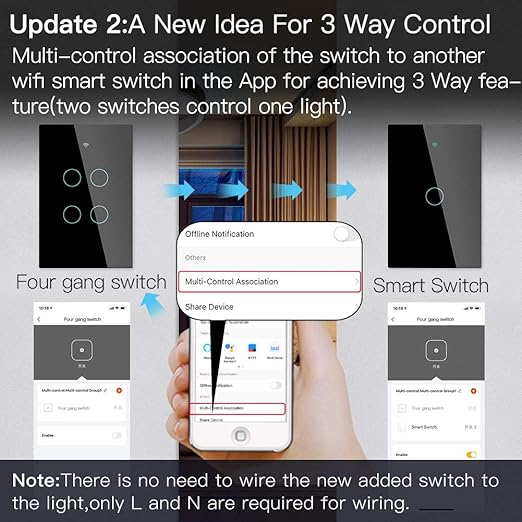 MOES 2.4GHz WiFi Wall Touch Smart Switch Neutral Wire Required, 3 Way - Image 3
