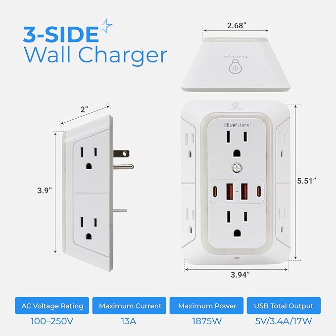 Wall Mount Power Strips Wall Charger 6 Outlet Extender 4 USB Ports and Night - Image 4