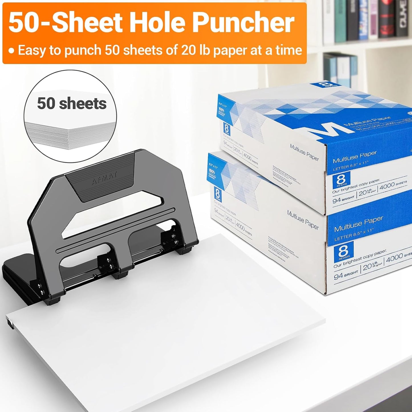 AFMAT Heavy Duty 3 Hole Puncher, 50-Sheet Paper Punch Heavy Duty, 50% Reduced Effort Three Hole Punch, 10K+ Uses, Metal Hole Puncher 3 Ring w/Large Tray, Bulit-in S.S. Paper Guide HPX4(Black)
