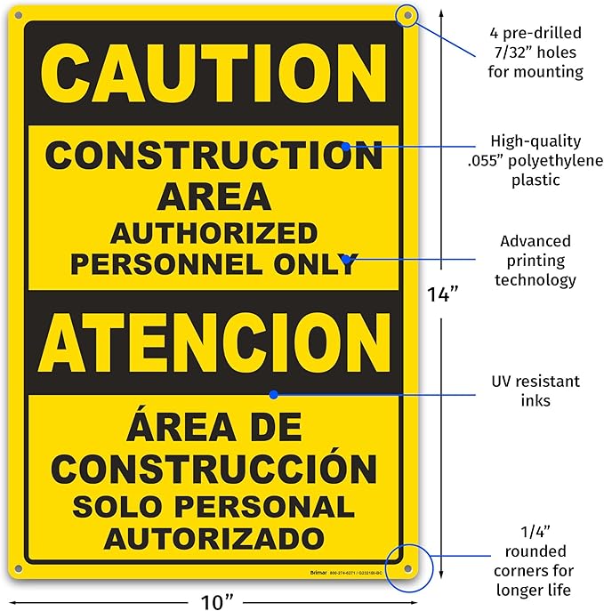 Brimar - 10" x 14" - Bilingual Caution Construction Area Authorized Only Sign - - Image 2