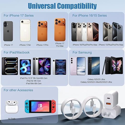 Dual Port USB A/C Charger for iPhone 17 16 Pro 10FT Woven USB C Fast Cable - Image 3