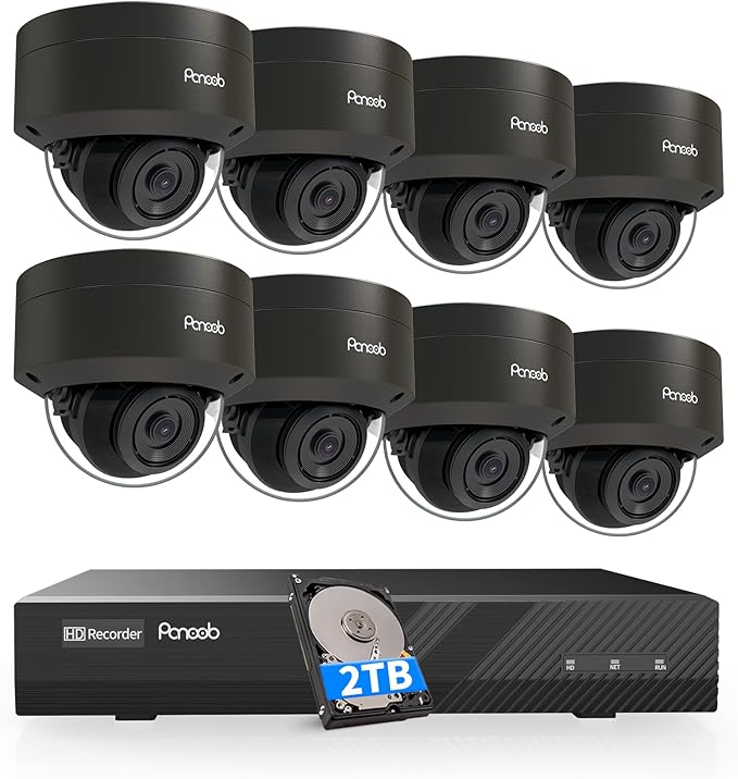 PANOOB 8 Channel Security Camera System, 8X 4K IK-10 Vandal-Proof PoE Dome by PANOOB