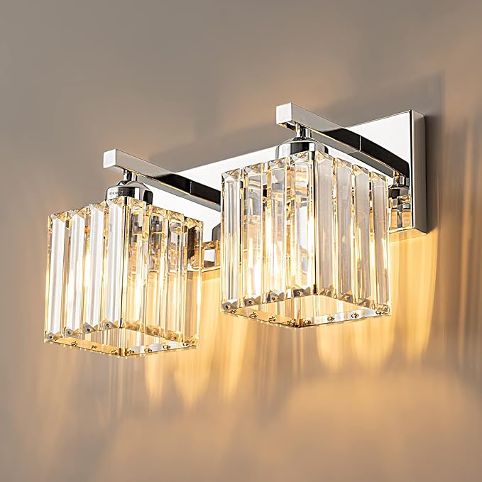 FDPBY Modern Bathroom Vanity Light 2-Lights Chrome Crystal Bathroom Wall Light by FDPBY