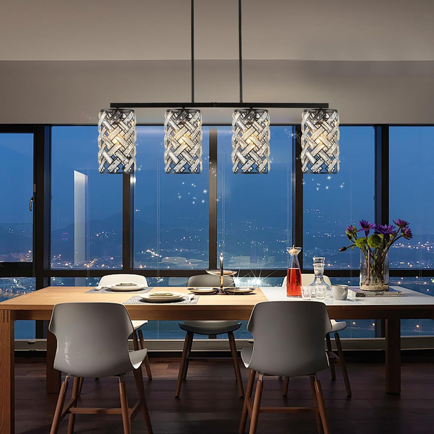 CATINER 40" Black Crystal Linear Chandelier, 4-Light Kitchen Island Pendant | 40-inch black crystal linear chandelier with adjustable height, 4 E26 lights, dimmable for kitchen islands and dining rooms