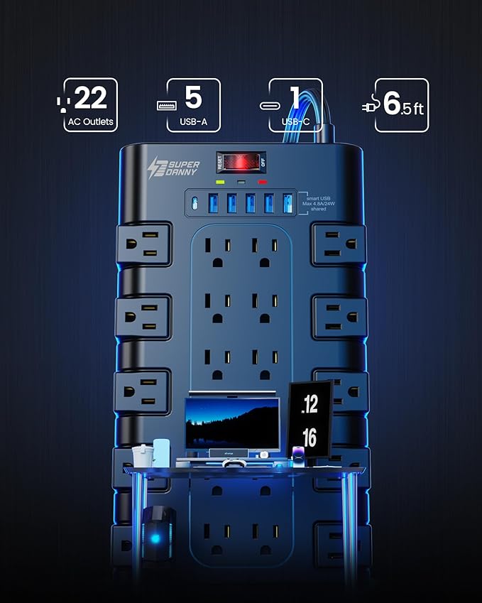 Flat Plug Power Strip, SUPERDANNY Surge Protector - Image 3