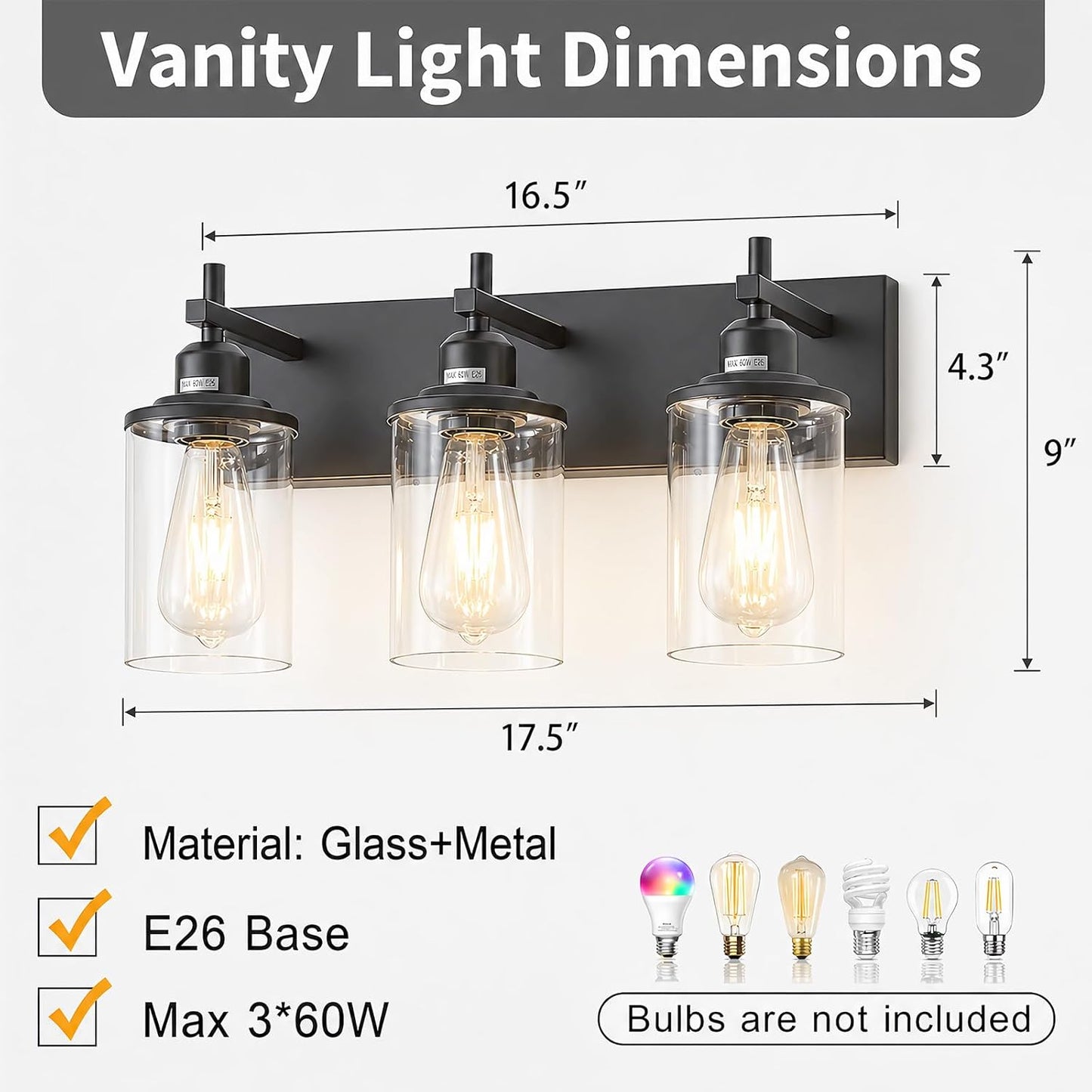 Lanhall 3-Light Black Bathroom Light Fixture Over Mirror Modern Farmhouse Bathroom Vanity Light Vintage Wall Lighting with Clear Glass Shade for Bathroom, Bedroom, Hallway, Cabinet