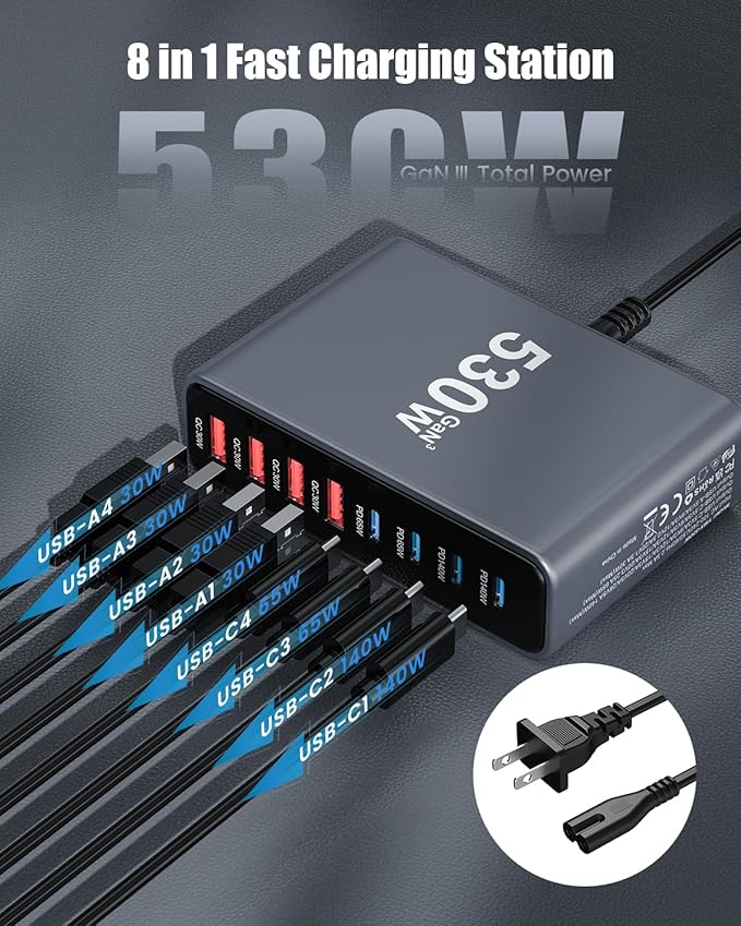 530W USB C Charger Block, 8-Port USB C Charging Station GaN IV Travel - Image 3
