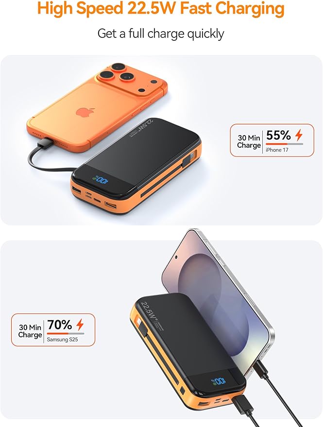 LENGSUM Portable Charger Power Bank Built-in Cables, 32000mAh 22.5W USB C Fast - Image 2