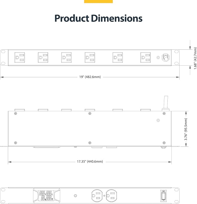 StarTech.com 8-Outlet Horizontal Rack Mount Metered PDU, 1U Server Power Strip - Image 6