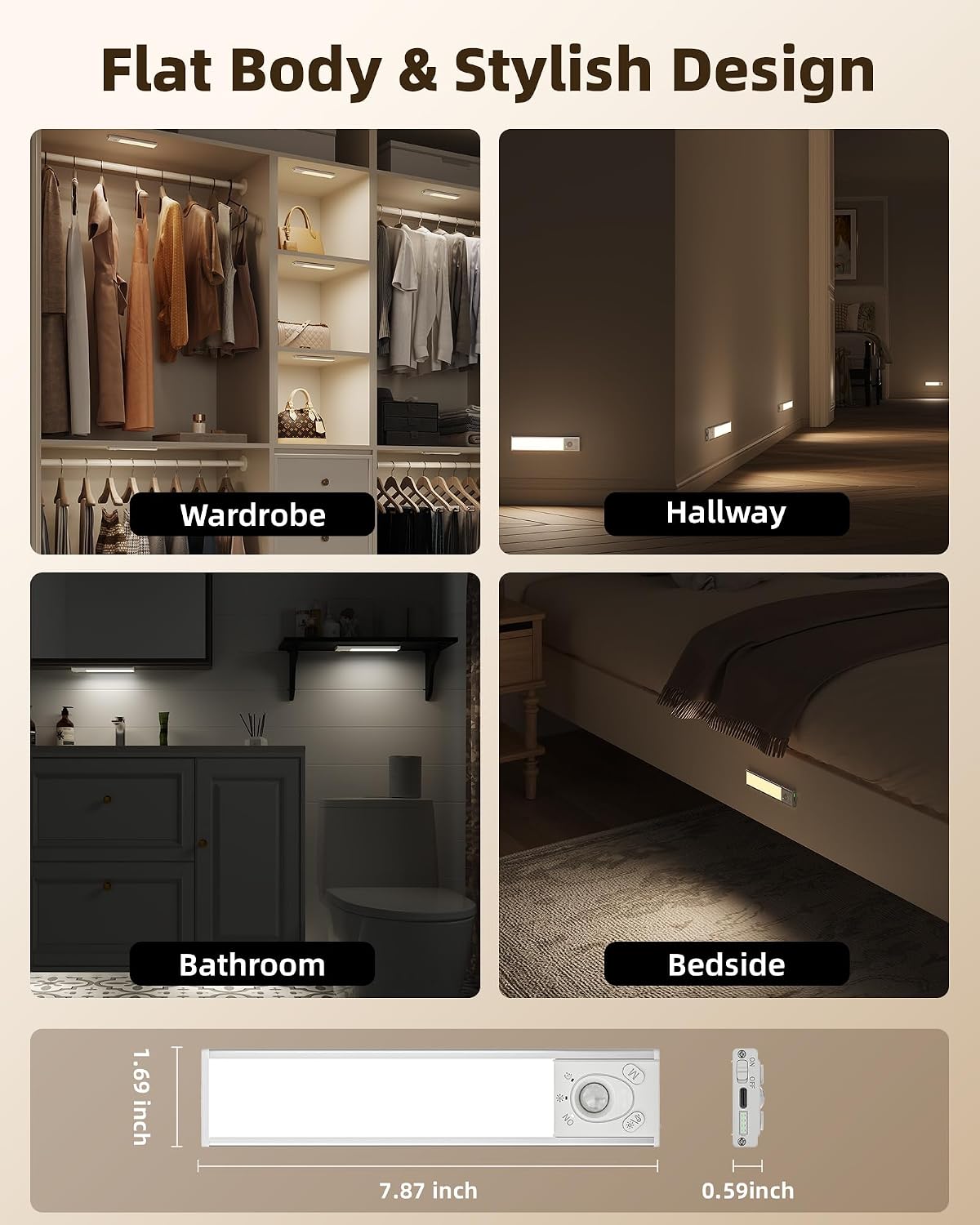 EZVALO Under Cabinet Lighting Wireless, 8'' 1800mAh Rechargeable Closet Light, LED Motion Sensor Lights with Power Display, Dimmable & 3 Color Temps, Under Counter Lights for Kitchen, Pantry, Stairs