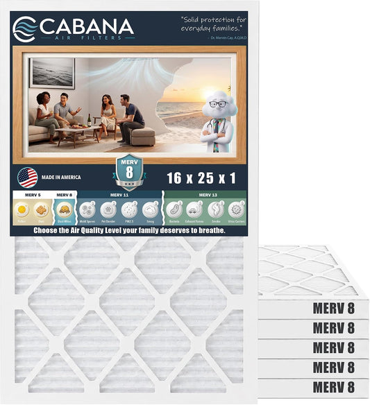 Cabana Filters 6-Pack 16x25x1 MERV 8 AC Furnace Air Filter for Home and Office - Indoor HVAC System Filtration Replacement, Captures Unwanted Particles