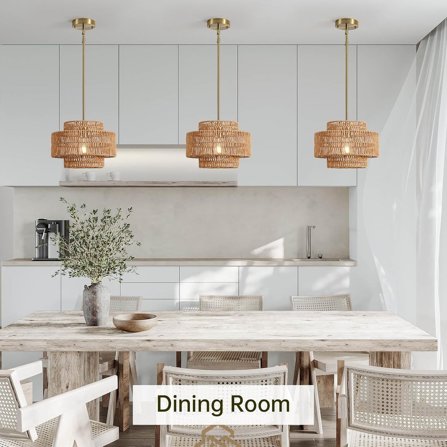 12.4" Rattan Pendant Light for Kitchen Island, Boho Chandelier | 1-Light, Hand Woven, No Assembly, Gold Hardware, Farmhouse Coastal Drum Wicker Light Fixture Dining Room Hallway Entryway