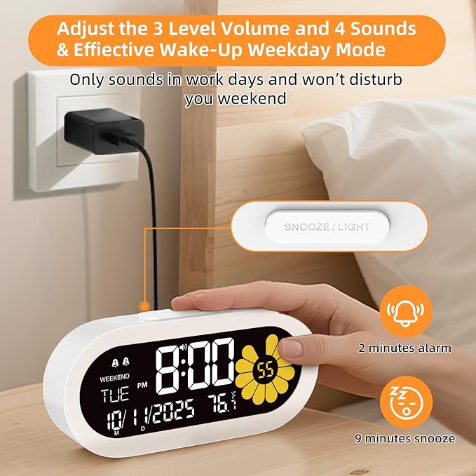 DOOMAY Digital Alarm Clock for Bedroom: Dual Alarm Bedside Clock VA LCD Display - Image 6