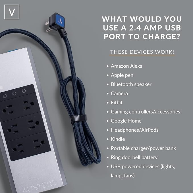 Austere V Series Surge Protector Power Strip, 6 Wide Outlet, 3 USB C & 2 USB A - Image 7