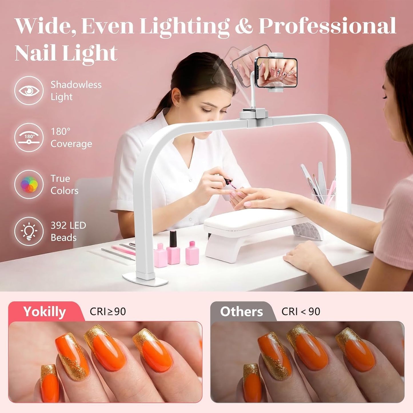 Half Moon Light for Nail Desk: 180 ° Shadow-Free Arc Light For Manicurist | 29" Foldable Half Moon Desk Lamp With Phone Holder - 3 Color Mode & 10 Brightness - Provide a Bright Work Area For Nail Tech