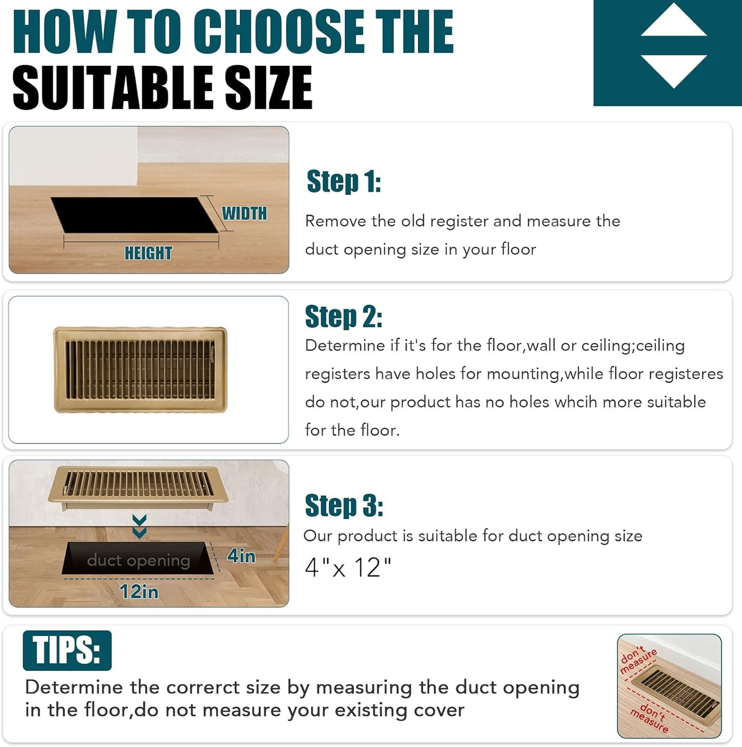 Floor Register 4x12, 2 Pack Brown Floor Vent Covers | Steel Adjustable Air Supply Grille Register Vent Cover Grill for Sidewall and Floor, Vent Covers for Home Floor