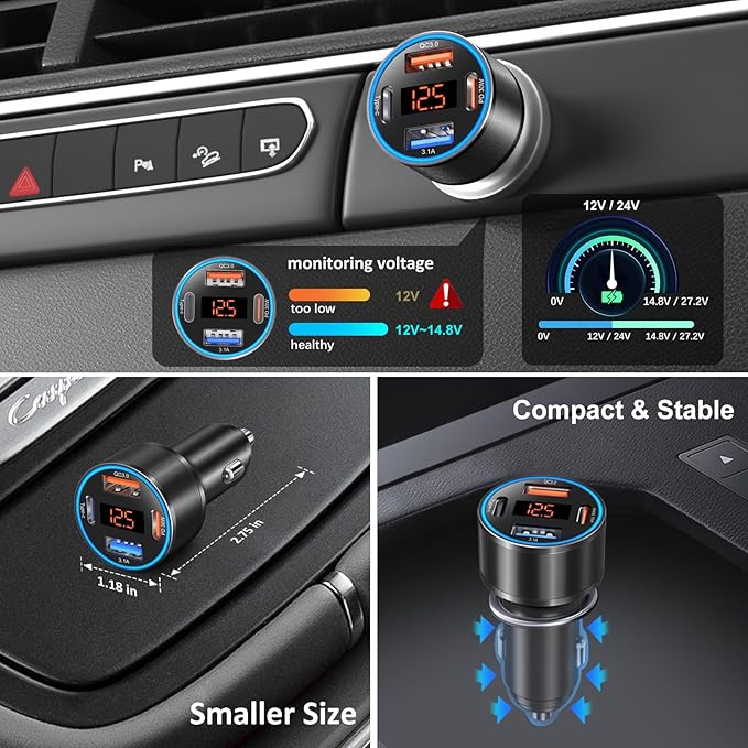 USB C Car Charger, 4-Port 65W Dual 12V USB-A & USB-C Car Phone Charger - Image 3