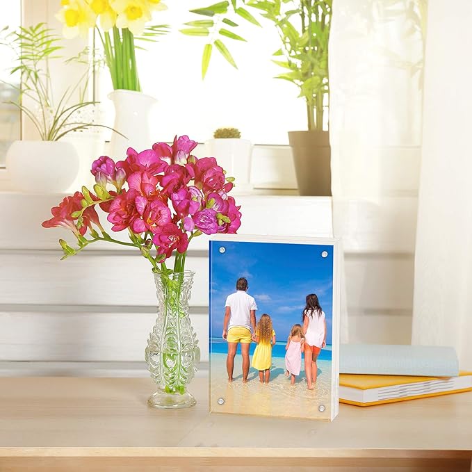 Meetu Acrylic 4x4 Picture Frame Clear Two Sided Desk Photo Frame Magnetic Frame - Image 4