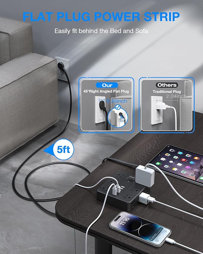 Surge Protector Power Strip 15 Ft Cord, HUNIAN Flat Plug Extension Cord - Image 3
