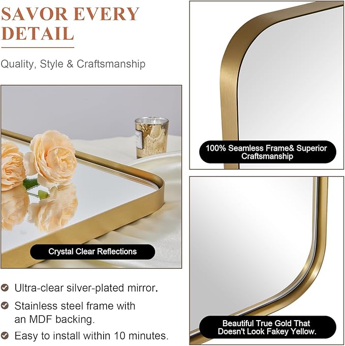 ANDY STAR Gold Bathroom Mirror, 24x36 Brushed Brass Rectangle Metal Frame Mirror - Image 8