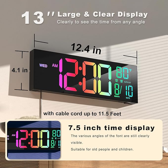 JALL 13" Large Digital Wall Mount Clock, Count Down Timer, Big LED, 8 RGB Color - Image 2