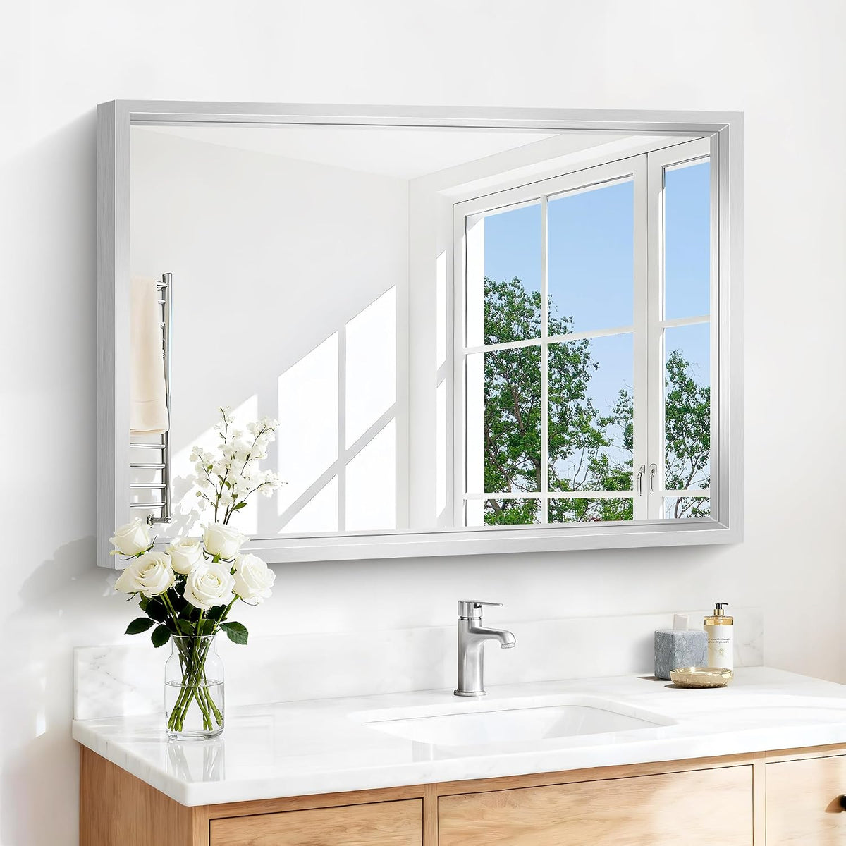 42x30 Silver Bathroom Mirror, Brushed Silver Rectangular Mirror