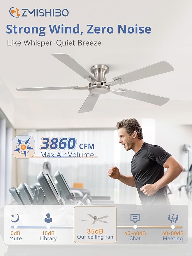 ZMISHIBO 52 Inch Ceiling Fan No Light, Flush Mount Low Profile, Modern Nickel - Image 3