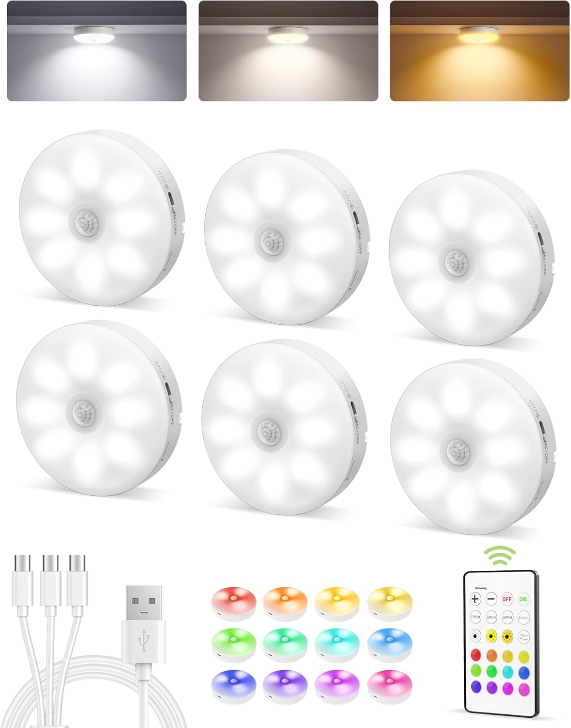 EZVALO 6-Pack RGB Under Cabinet Lights with Remote, Rechargeable Motion Sensor Puck Lights, 3 Color Temps, 12 RGB Colors, Dimmable, Magnetic Stick On Lights for Counters, Closets, Shelves