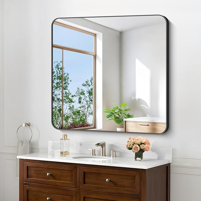 Black Bathroom Mirrors for Wall, Rounded Corner Metal Frame Wall Mirror by WelcometoCIVENO
